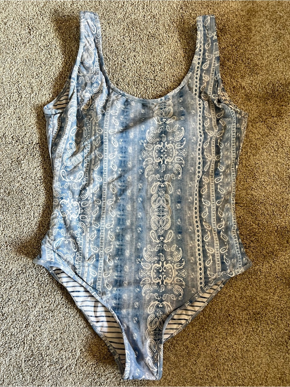 Altar'd State Boho Reversible One Piece Swimsuit Blue Paisley Bandana & Stripe L